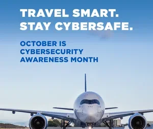 Airplane on the tarmac with a message encouraging staying safe online
