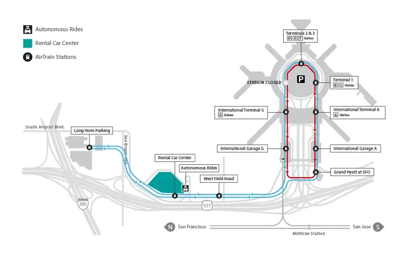 Map of SFO showing Waymo pick up and drop off location at the Rental Car Center.
